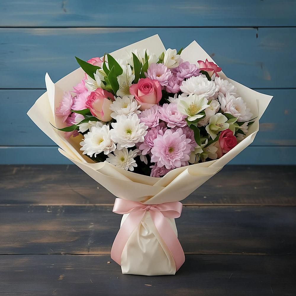 Букет цветов из: Хризантемы, Альстромерии и Розы в Медведовской